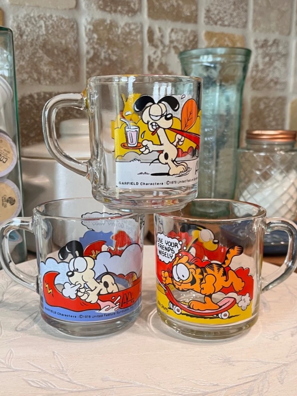 Vintage 1978 McDonald's Garfield & Odie Glass Mugs Set of 3